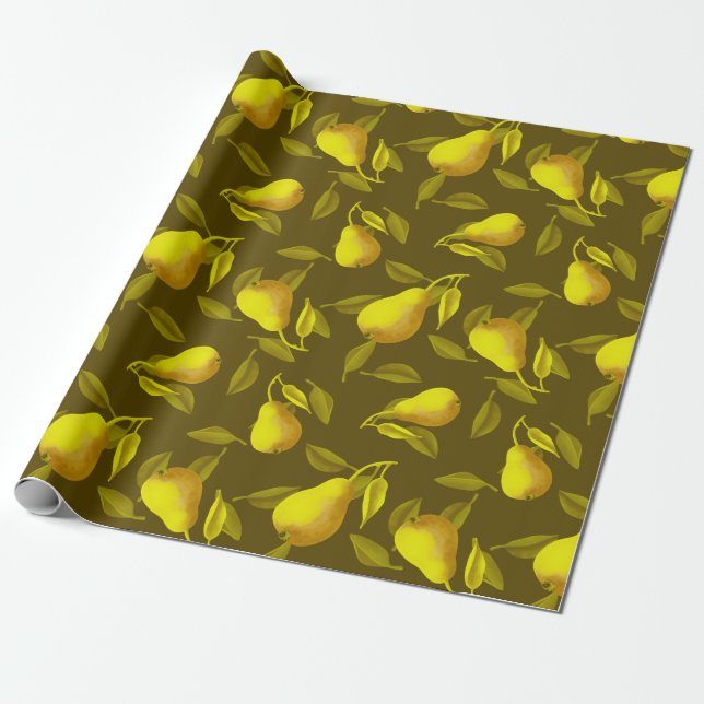 Yellow pears on dark green background wrapping paper (Unrolled)