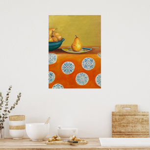 Yellow pears on orange tablecloth poster