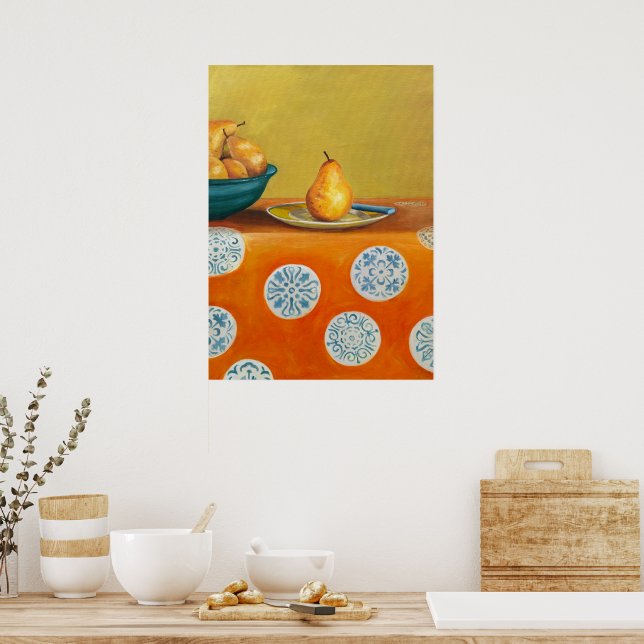 Yellow pears on orange tablecloth poster (Kitchen)