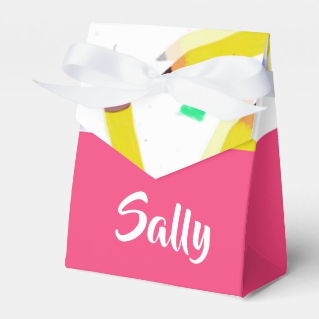 Yellow pencils and scrabbles on white favour box (Front Side)