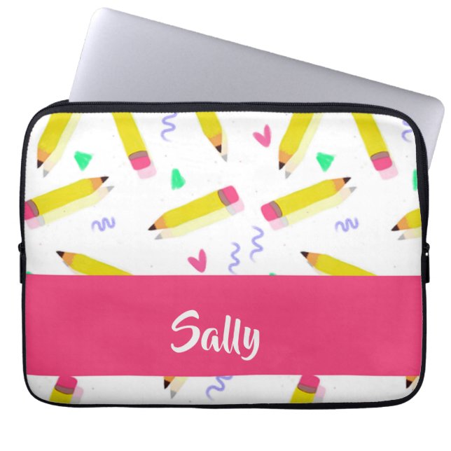 Yellow pencils and scrabbles on white laptop sleeve (Front)