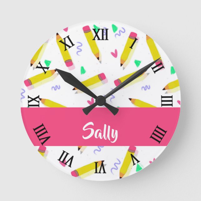 Yellow pencils and scrabbles on white round clock (Front)