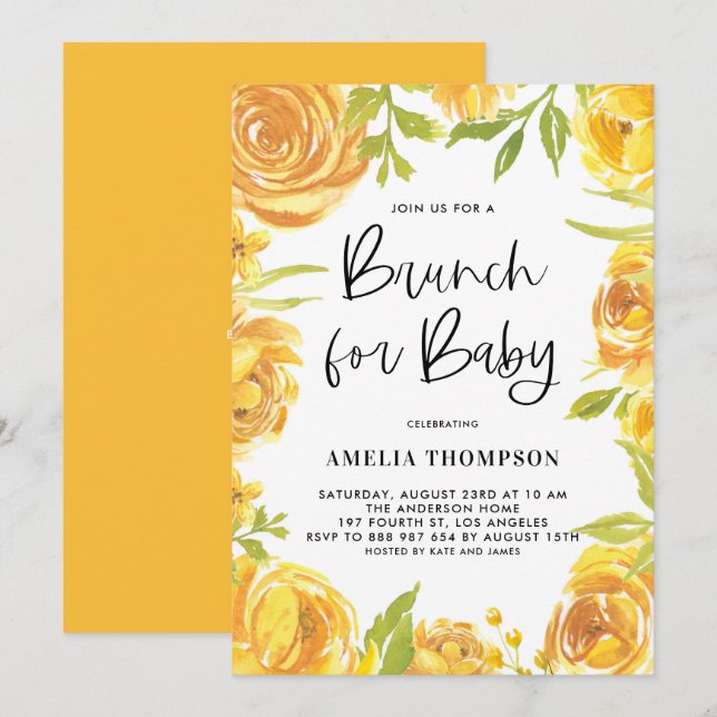 Yellow Peonies and Roses Floral Wreath Baby Brunch Invitation (Front/Back)