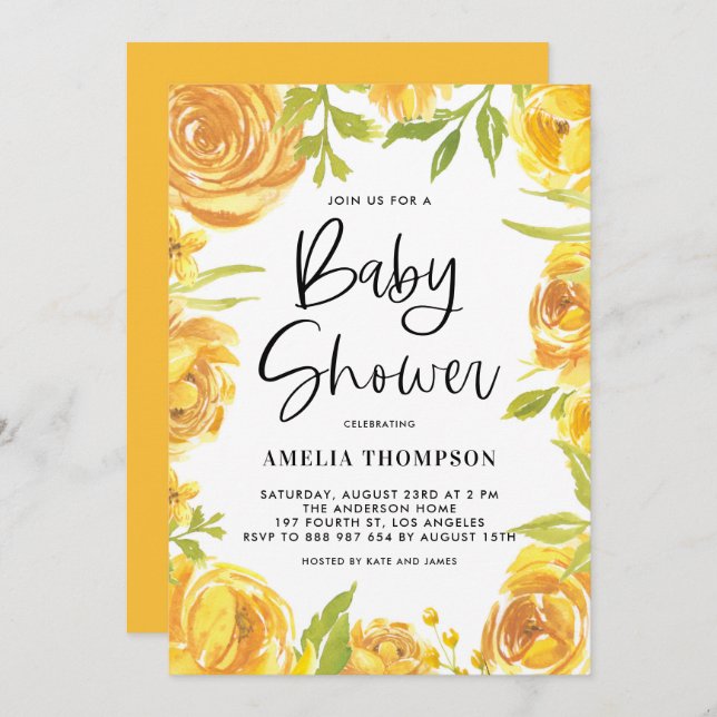 Yellow Peonies and Roses Floral Wreath Baby Shower Invitation (Front/Back)