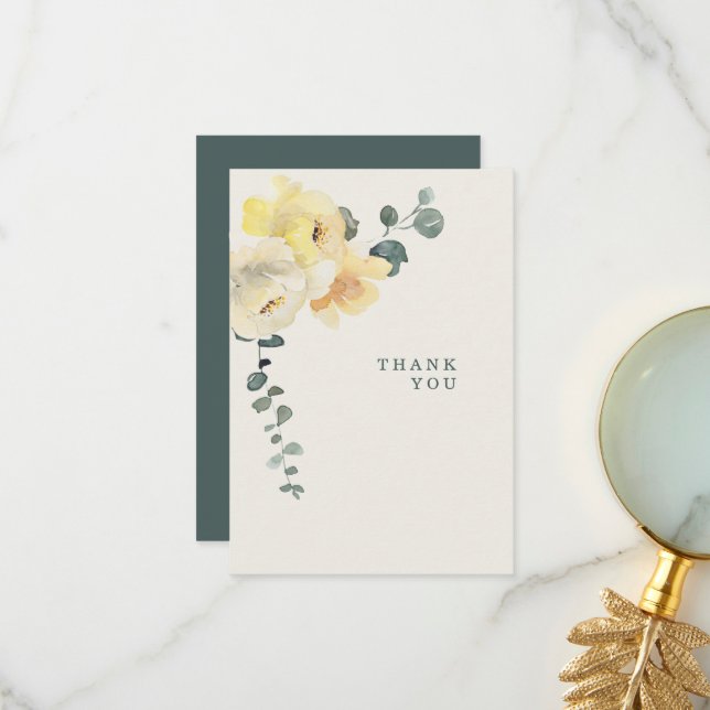 Yellow Peonies Teal & Cream Funeral Loss of Life  Thank You Card (Front/Back In Situ)