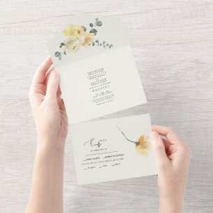 Yellow Peonies Teal & Cream Wedding No Parents  All In One Invitation