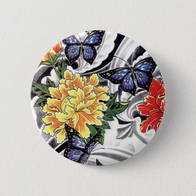 Yellow Peony and Butterfly Tattoo Design 6 Cm Round Badge (Front)