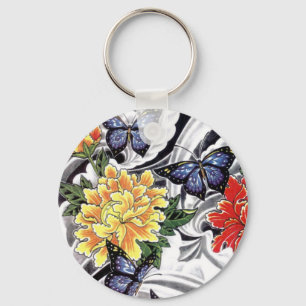 Yellow Peony and Butterfly Tattoo Design Key Ring