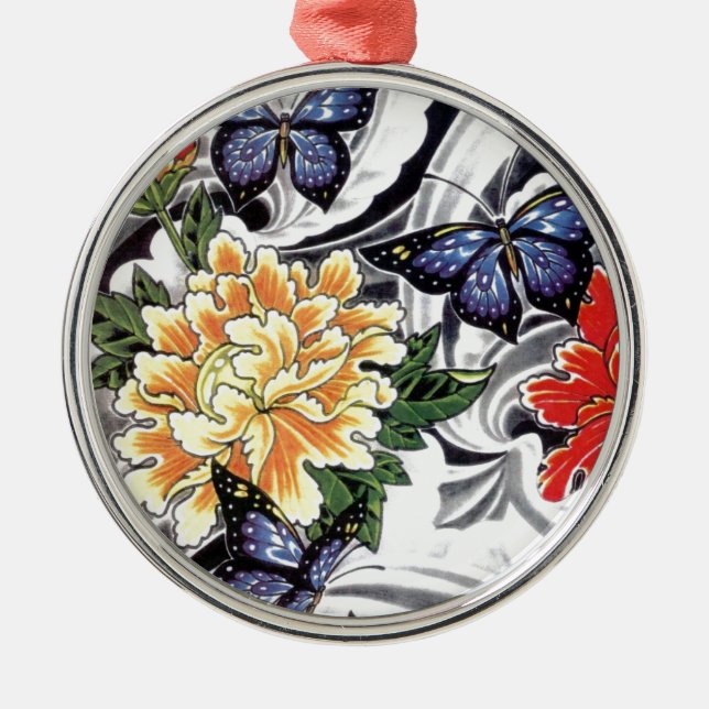 Yellow Peony and Butterfly Tattoo Design Metal Ornament (Front)