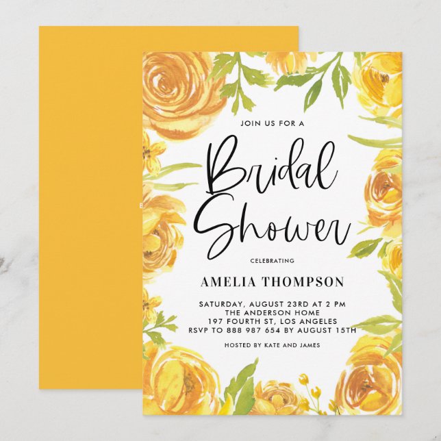 Yellow Peony and Rose Floral Wreath Bridal Shower Invitation (Front/Back)