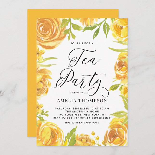 Yellow Peony and Rose Floral Wreath Tea Party Invitation (Front/Back)