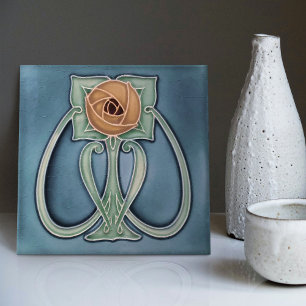 Yellow Peony Blue Decor Art Nouveau Art Deco Ceramic Tile
