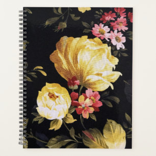 Yellow Peony Design on Black  Planner