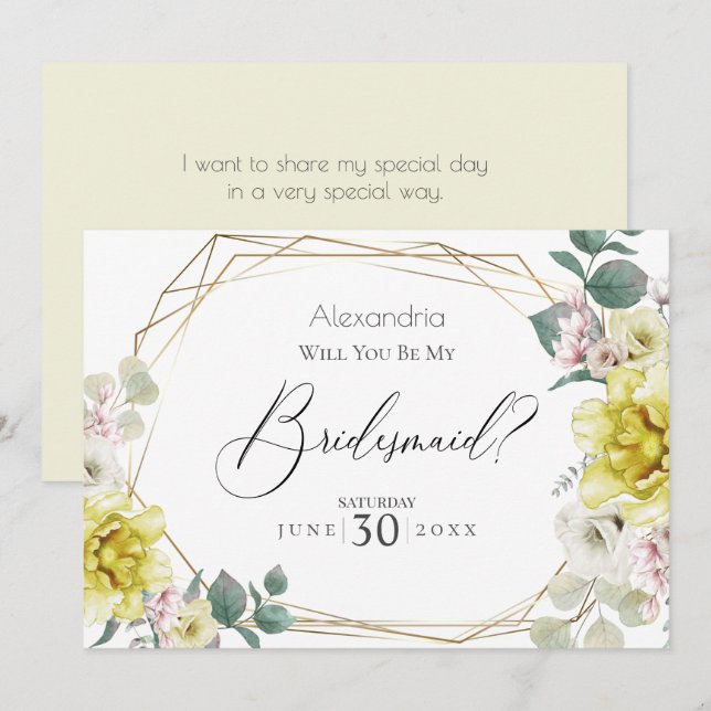 Yellow  Peony Flowers Will You Be My Bridesmaid Invitation (Front/Back)