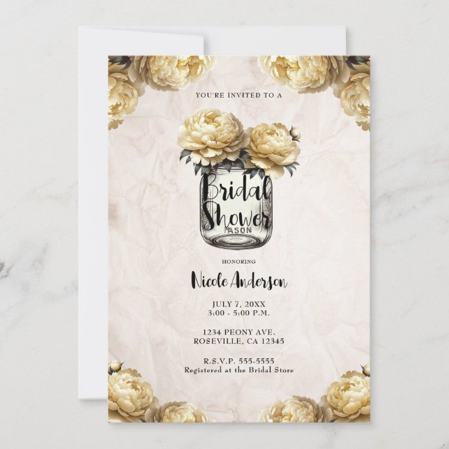 Yellow Peony Mason Jar Rustic Bridal Shower  Invitation (Front)