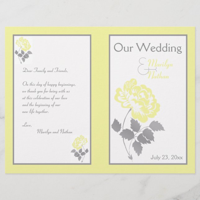 Yellow Peony on White with Grey Wedding Program (Front)