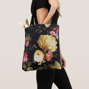 yellow peony pattern on black tote bag