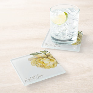 Yellow Peony Personalised Names Glass Coaster