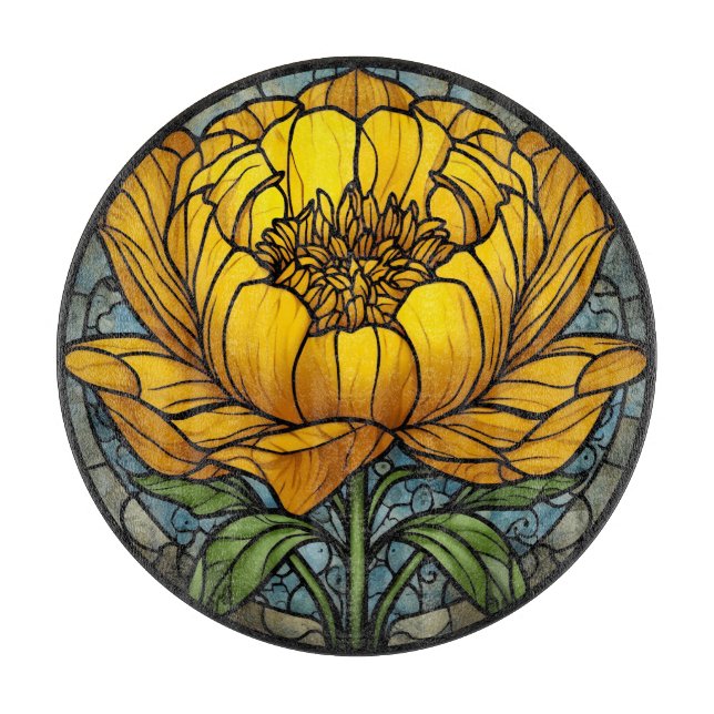 Yellow Peony Stained Glass Cutting Board (Front)