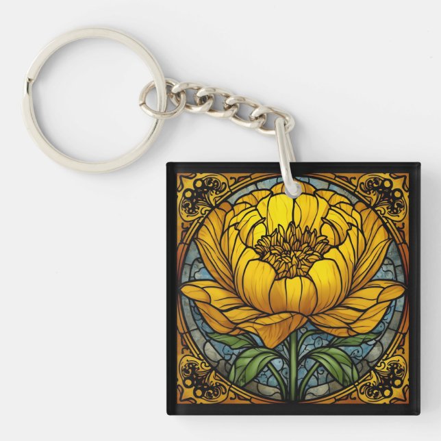 Yellow Peony Stained Glass Key Ring (Front)