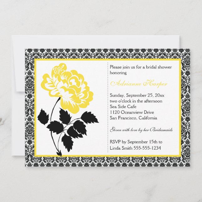 Yellow Peony with Black Damask Bridal Shower Invitation (Front)