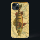 Yellow Perch on Map iPhone 13 Case<br><div class="desc">This print illustrates an artistic picture of a yellow perch fish. The background displays a vintage geographic map in light beige colors. The brown frame resembles old wood pattern with yellow-red flowers in the edges. A great addition to your fishing collection!</div>