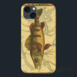 Yellow Perch on Map iPhone 13 Case<br><div class="desc">This print illustrates an artistic picture of a yellow perch fish. The background displays a vintage geographic map in light beige colors. The brown frame resembles old wood pattern with yellow-red flowers in the edges. A great addition to your fishing collection!</div>