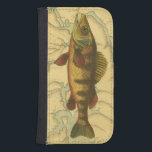 Yellow Perch on Map Samsung S4 Wallet Case<br><div class="desc">This print illustrates an artistic picture of a yellow perch fish. The background displays a vintage geographic map in light beige colours. The brown frame resembles old wood pattern with yellow-red flowers in the edges. A great addition to your fishing collection!</div>