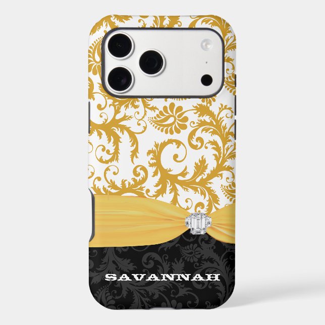 Yellow Personalised Faux Rhinestone Damask iPhone (Back)