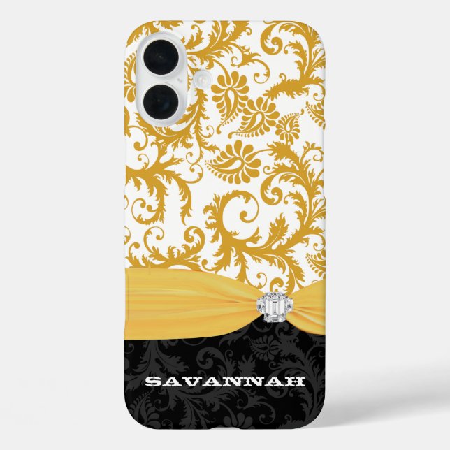 Yellow Personalised Faux Rhinestone Damask iPhone Case-Mate iPhone Case (Back)