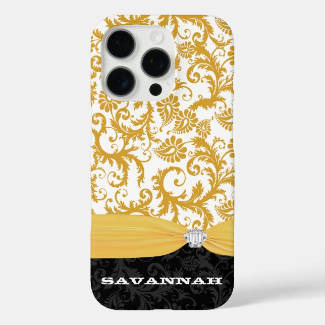 Yellow Personalised Faux Rhinestone Damask iPhone Case-Mate iPhone Case (Back)