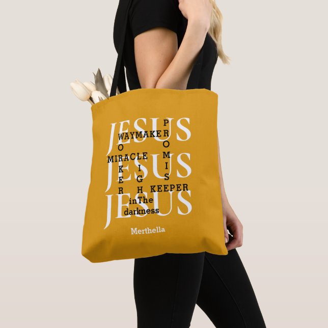 Yellow Personalised JESUS Waymaker Christian Tote Bag (Close Up)