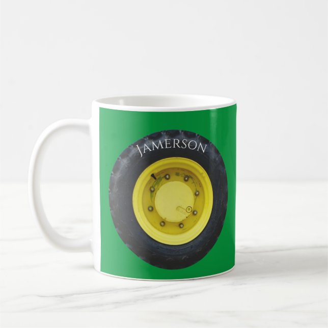 yellow personalised name tractor wheel tire coffee mug (Left)