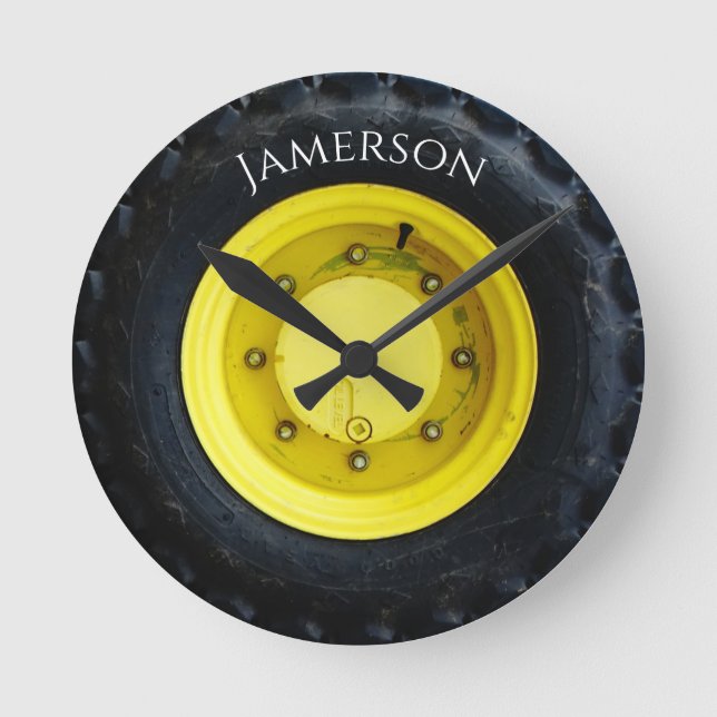yellow personalised name tractor wheel tire round clock (Front)