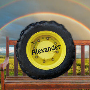 Yellow personalised name tractor wheel tire round cushion