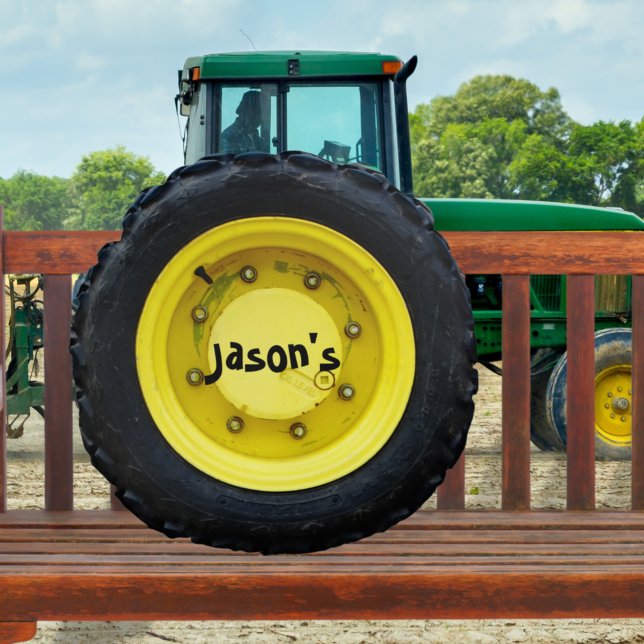 yellow personalised name tractor wheel tire round cushion (Creator Uploaded)