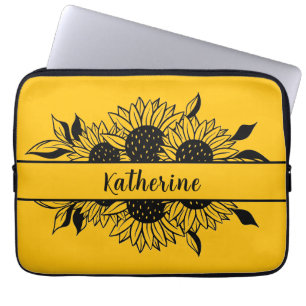 Yellow Personalized line drawn sunflowers Laptop Sleeve