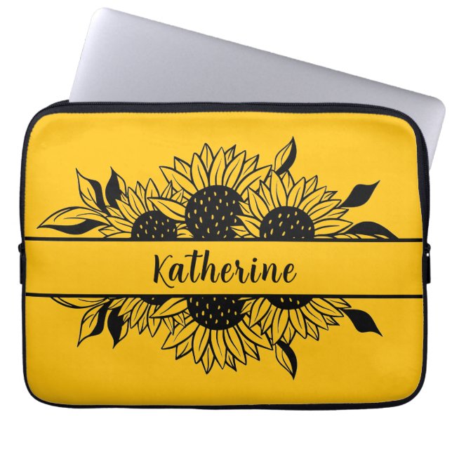 Yellow Personalized line drawn  sunflowers  Laptop Sleeve (Front)