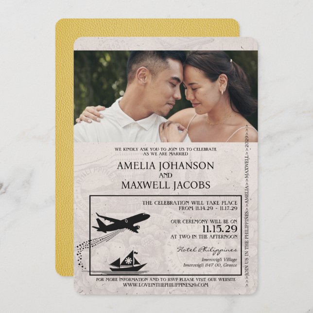 Yellow Philippines Passport Wedding Invitation (Front/Back)