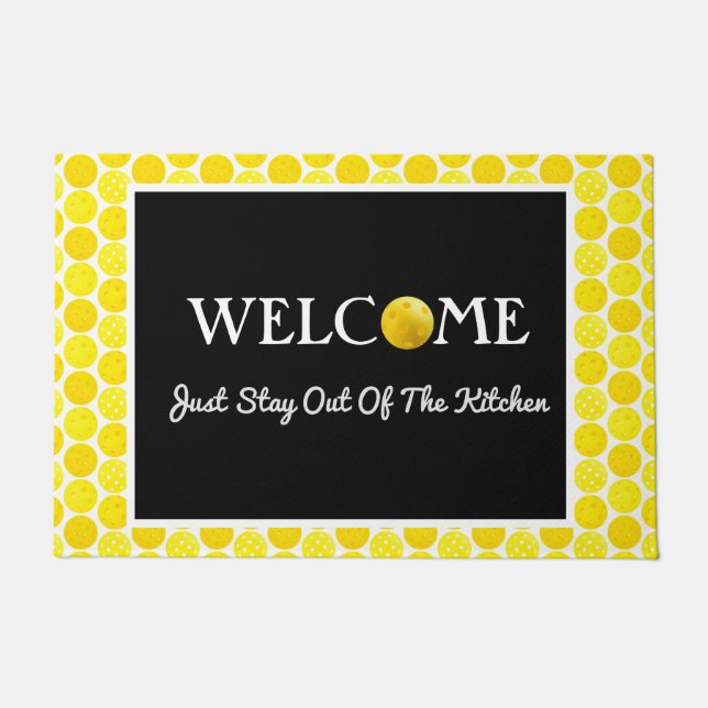 Yellow Pickleball Balls, Stay Out of the Kitchen Doormat (Front)