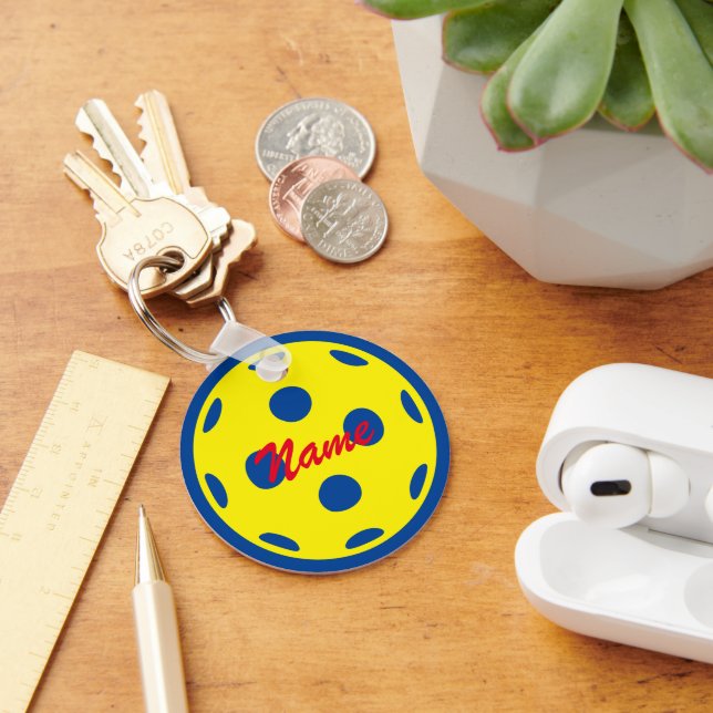 Yellow pickleball custom round metal keychain (Desk)