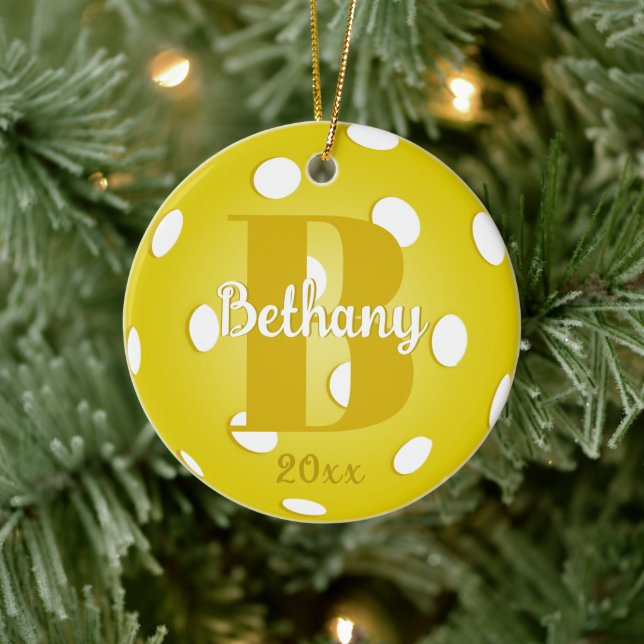 Yellow Pickleball Gold Monogram Name Ceramic Ornament (Tree)