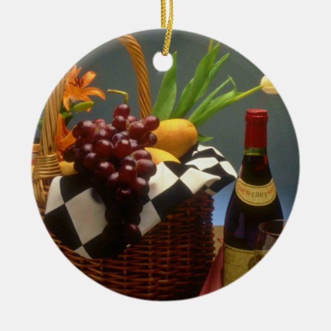 Yellow Picnic basket with wine, cheese, bread and Ceramic Ornament (Front)