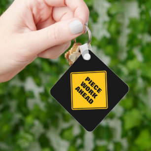 Yellow piece work ahead road personalised sign key ring
