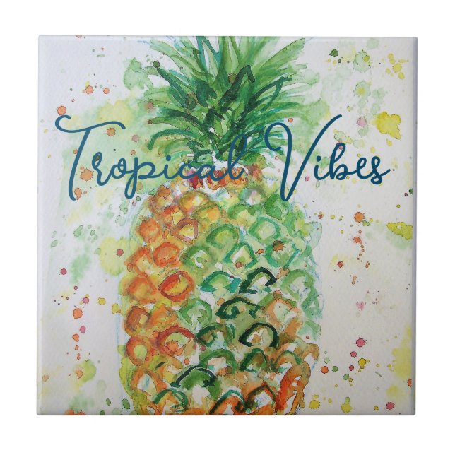 Yellow Pineapple Fruit Beachy Tropical Vibes Ceramic Tile (Front)