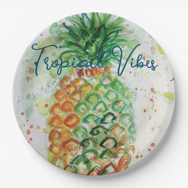 Yellow Pineapple Fruit Beachy Tropical Vibes Paper Plate (Front)