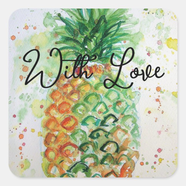 Yellow Pineapple Fruit Beachy With Love Square Sticker (Front)