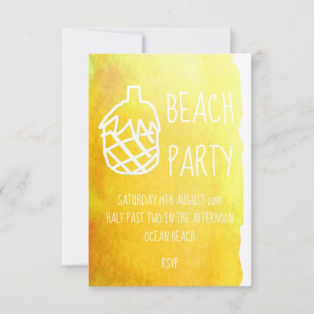 Yellow pineapple watercolor modern beach party invitation (Front)