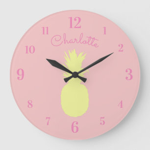 Yellow Pineapple with Custom Name on Pink Large Clock