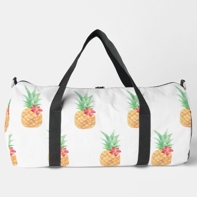 Yellow Pineapple with Pink Flower Seamless Pattern Duffle Bag (Front)